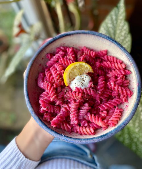 Joyful Pink Pasta With Beetroot, Black Pepper And Garlic Yogurt Recipe